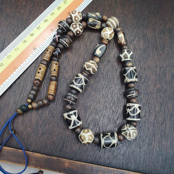 Vintage Pumtek Bead Necklace Petrified Wood Stone Beads | Old Tibetan Yak Bone Carving Beads