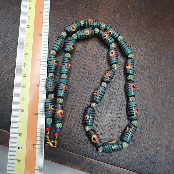 Evil Eye Bead Necklace, Venetian Style Green and Black Striped Glass Trade Beads, Protection Necklace