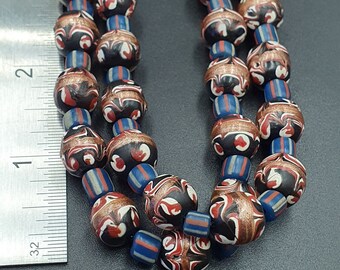 Collier Perles De Verre Vintage Aventurine Millefiori - Plume Fantaisie - 25 Perles 17x9,5mm - Occasion