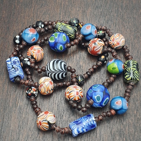 Vintage African Style Bead Necklace Mixed Glass Eye Feather Millefiori Boho Tribal