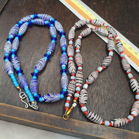 Vintage Venetian Style fancy feather beads 18x9.5mm glass beads 24" necklaces Lot 2