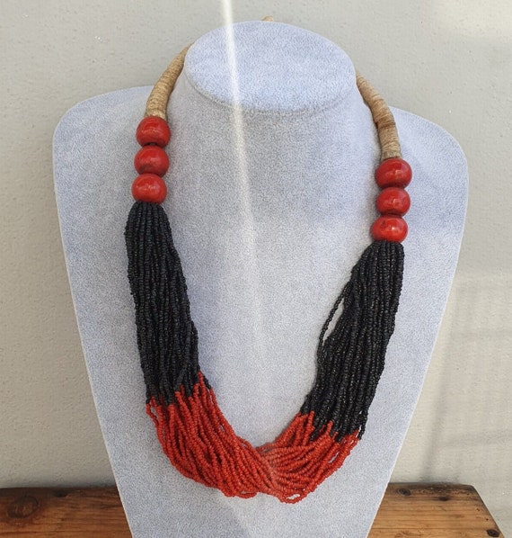 Vintage tiny black and red glass beads afghanistan tribal jewelry necklaceGift