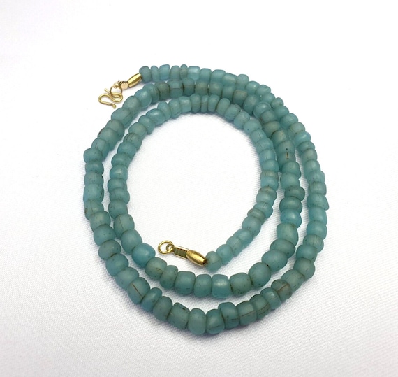 Antique old traded sky blue color glass beads jewelry necklace  malaGift