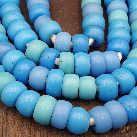 Vintage old african blue vaseline glass antique beads 11-12mm beads strandGift