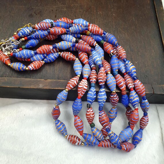 Vintage Millefiori style Feather Blue & Red Glass red whiteheart beads Necklace
