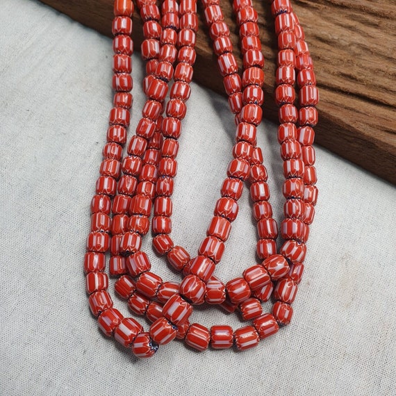 Vintage venetian style beads african red glass chevron beads long strandGift