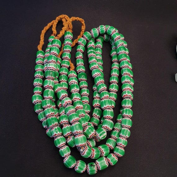 Vintage venetian african style green glass chevron 10mm beads long strandGift