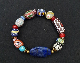 Vintage african beads collection glass beads with natural lapis lazuli bracelet