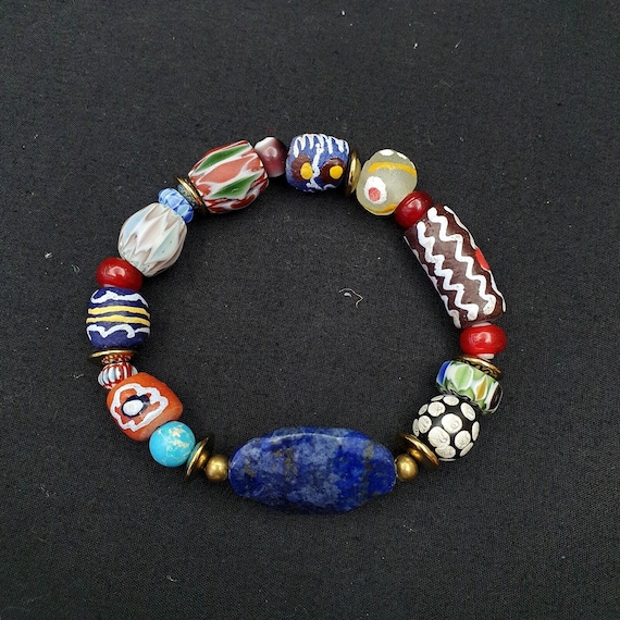 Vintage african beads collection glass beads with natural lapis lazuli braceletGift