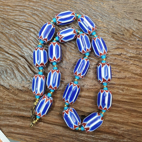 H-3b venetian inspired trade blue chevron and whiteheart beads strand