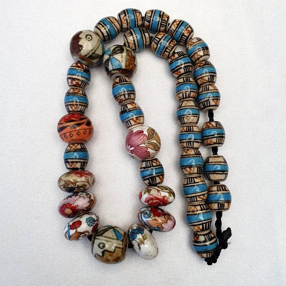 Hand painted vintage ceramic and glass beads beautiful beaded necklaceGift