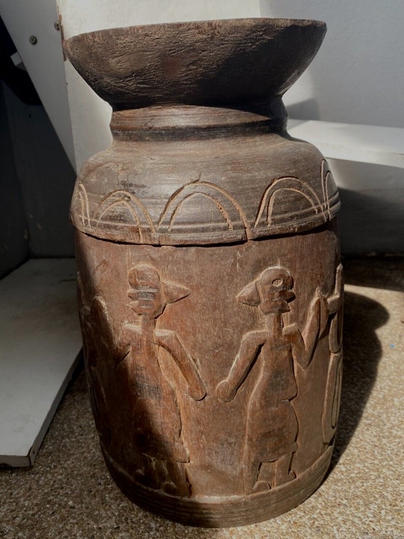 Antique 1700's wooden mortar hand carved primitive jug vase with human figures
