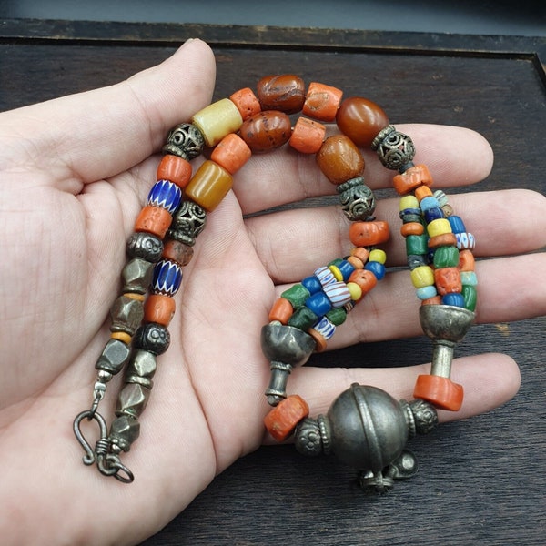 Antique silver, amber, coral, chevron, agate, roman glass beads necklace