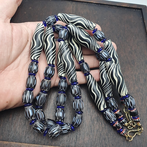 Venetian Style Glass Trade Bead Necklace Black White Swirl Feathered Tribal Boho Black Chevron Beads