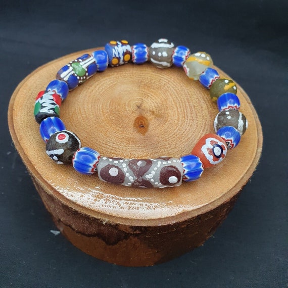 Vintage beautiful blue chevron african glass beads collection braceletGift