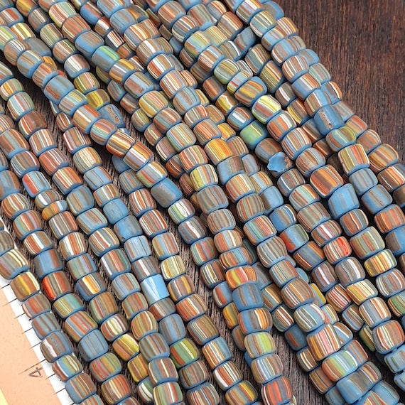 Turquoise Blue Striped Millefiori Style Beads - 5.6mm Small Venetian Glass - Antique Style African Trade Beads