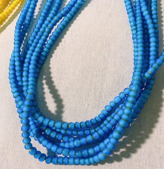 Sky blue 4 mm antique venetian  white heart trade beads long strand necklace