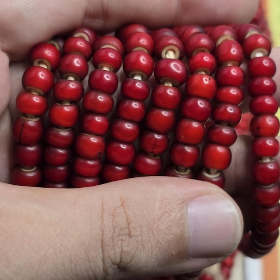 Antique Venetian Dark Red White Heart Trade Beads 7-8mm Strand 24" Long Vintage Jewelry Gift