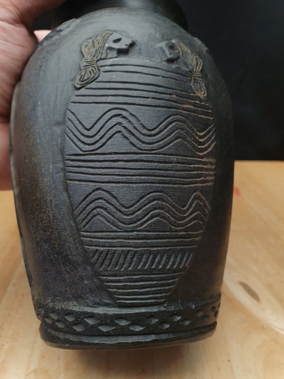 Ancient old near eastern mesopotamia chlorite stone vase with mystical engraving