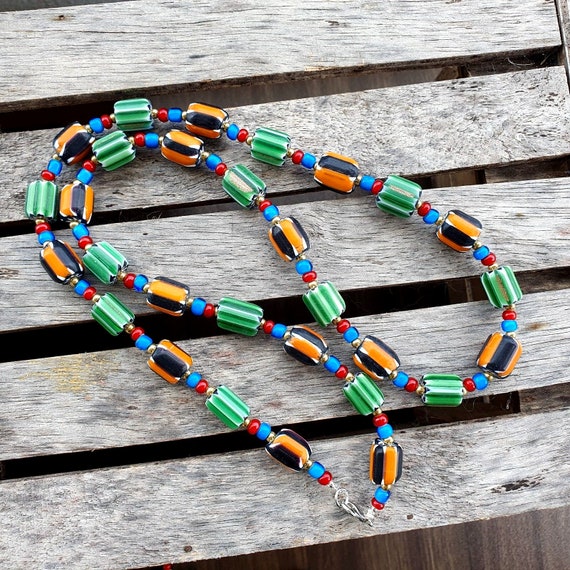 Colorful chevron and white heart venetian beads glass beads necklace ncc-6