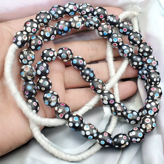 Black skunk venetian trade beads dotted beads strand 12mm east oasis collection