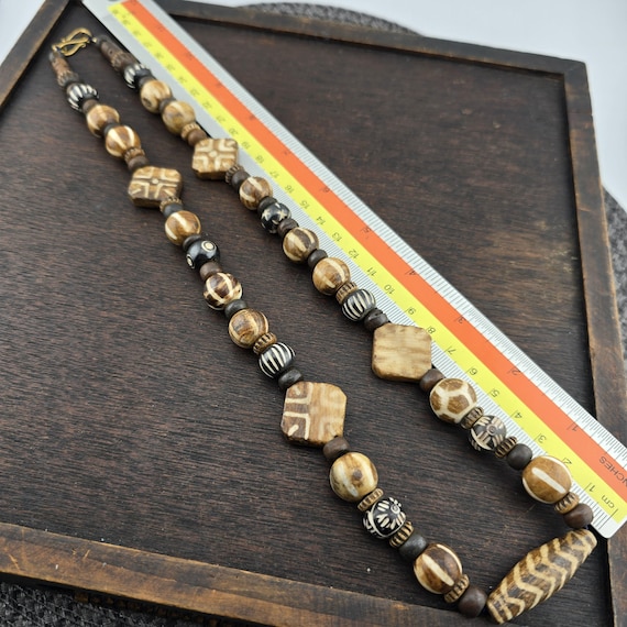 Asian burmese old pumtek petrified wood stone beads long necklace