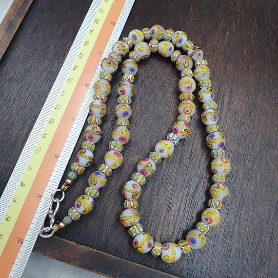 Venetian Style Eye Bead Necklace, White Glass with Red and Blue Eye Canes  Star Chevron Beads,