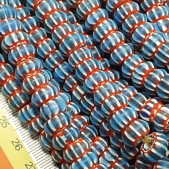 Vintage venetian african blue glass chevron 9mm beads long strand