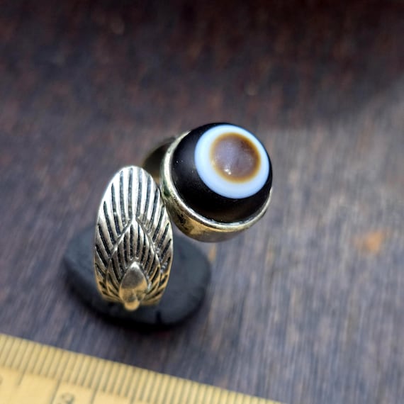 Vintage Natural Goat Eye Agate Ring Sulemani Agate Ring in Brass, Protective Adjustable Feather Bypass Ring, Unique Boho Statement Gift