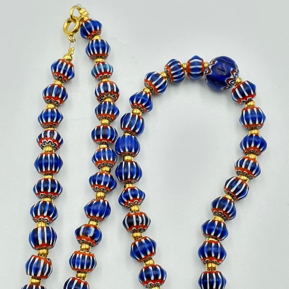 Antique venetian inspired blue chevron beads long strand necklace 24inchGift