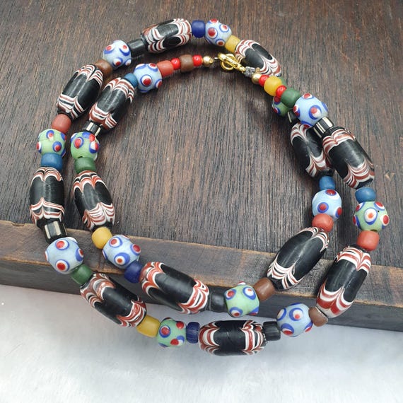 Venetian Style Glass Trade Bead Necklace, African Feather Beads, Black Red Eye Bead Strand, Tribal Ethnic Boho Jewelry Gift