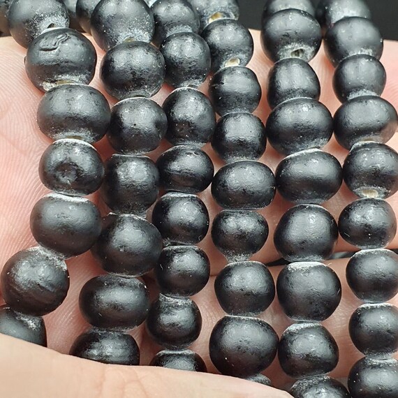 Vintage Black Glass African Trade Beads Strand (8-10mm)