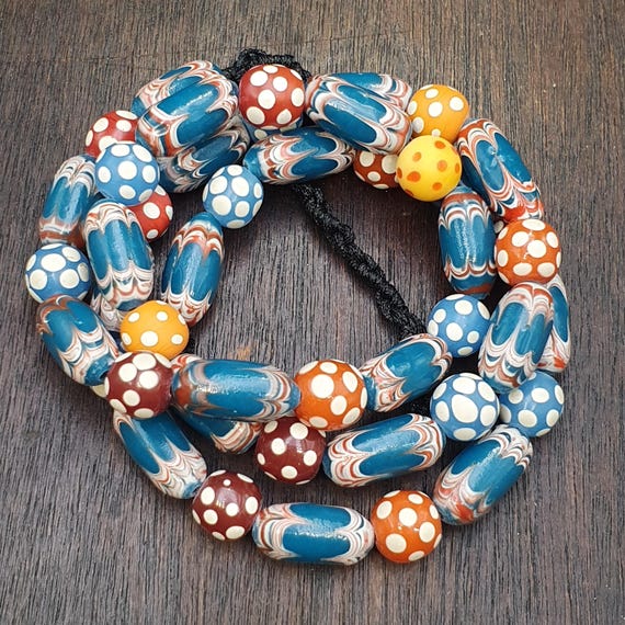 Venetian Style African Trade Beads, Blue Evil Eye Glass Beads, Millefiori Chevron Strand for Jewelry Making