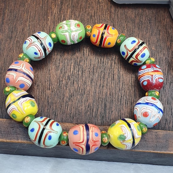 Vintage Venetian Style Fancy Bead Bracelet Green Spacers Multicolor Eye Beads