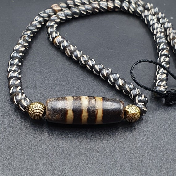 Vintage antique agate 3 lines bead tibet himalayan dzi pendant necklace