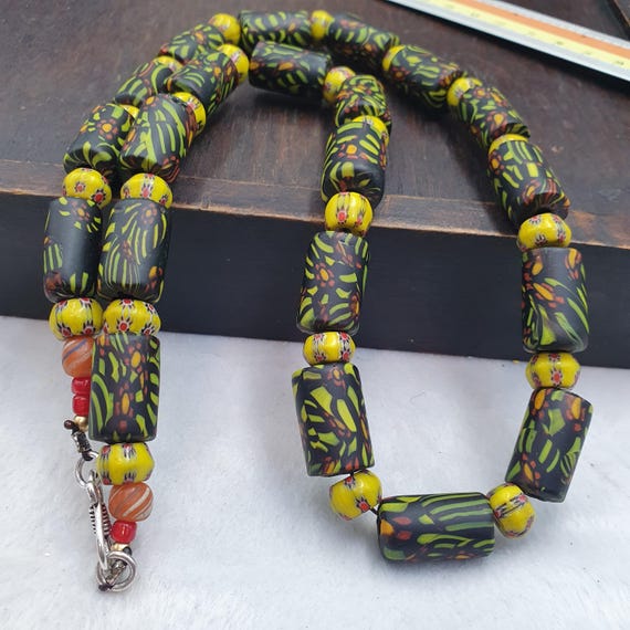 Vintage Venetion Style Black Green Mosiac and Yellow chevron Beaded Necklace | Boho Statement Jewelry