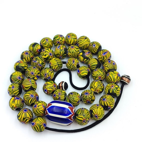 Very unique vintage venetian style old blue chevron glass beads long strandGift