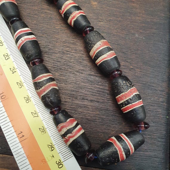 Striped Barrel Bead Necklace, Black Red White Tribal Trade Beads, Himalayan Naga Style Bead Strand, Ethnic Boho Statement Jewelry