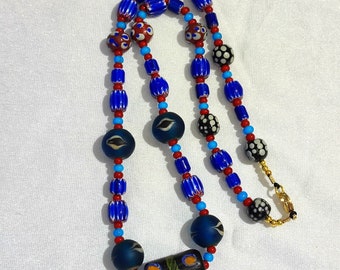 N94 Blue Chevron and White Heart Venetian Beads African Glass