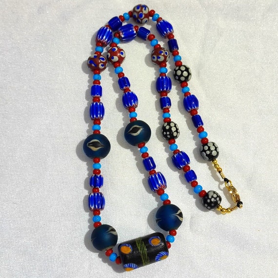 N94 blue chevron and white heart venetian beads african glass beads necklaceGift