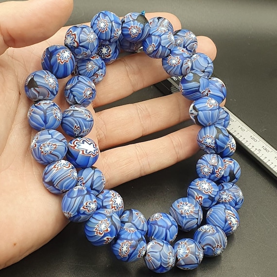 Vintage floral blue glass beads / beaded long strand necklace 15-16mmGift