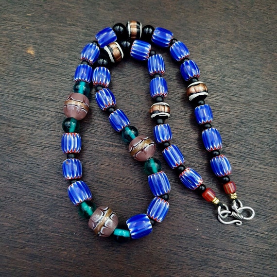 Vintage six layers chevron venetian style blue chevron beads necklace bcn-4