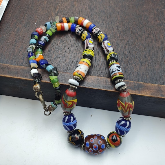 Vintage African Venetian Style Glass Bead Necklace Colorful Geometric Lampwork Jewelry