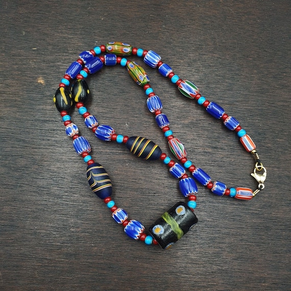 N97 blue chevron and white heart venetian beads african glass beads necklaceGift