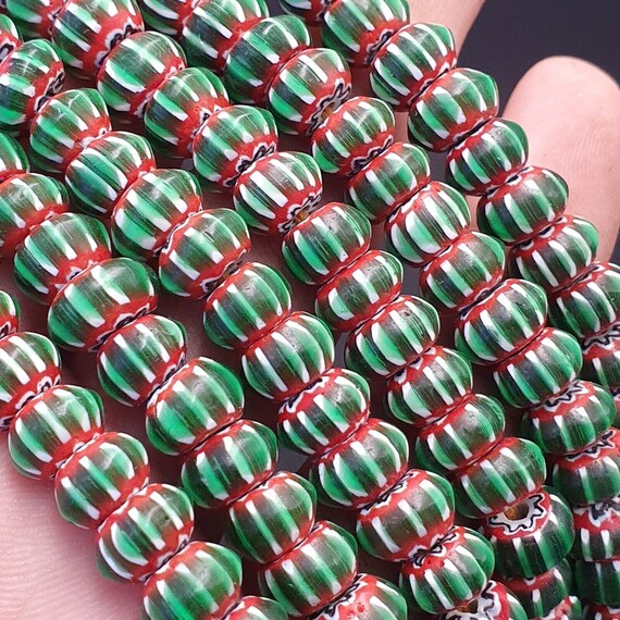 Vintage venetian african style glass green chevron 9mm beads long strandGift