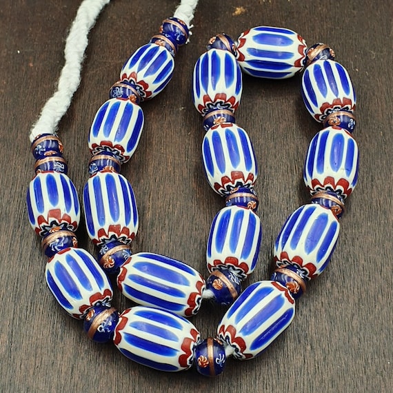 Antique venetian inspired african blue chevron, wedding cake beads necklace