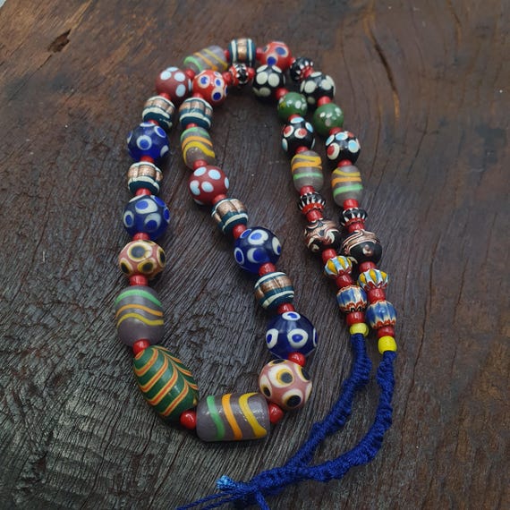 Venetian Style Mix Pattern Beads Necklace, 26 Inches Long, Handmade Vintage Glass Skunk Beads, Statement Jewelry, Unique Beaded Necklace