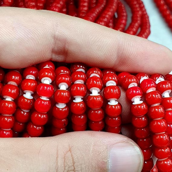 Vintage Venetian Red White Heart Trade Beads: 120 Bead Strand