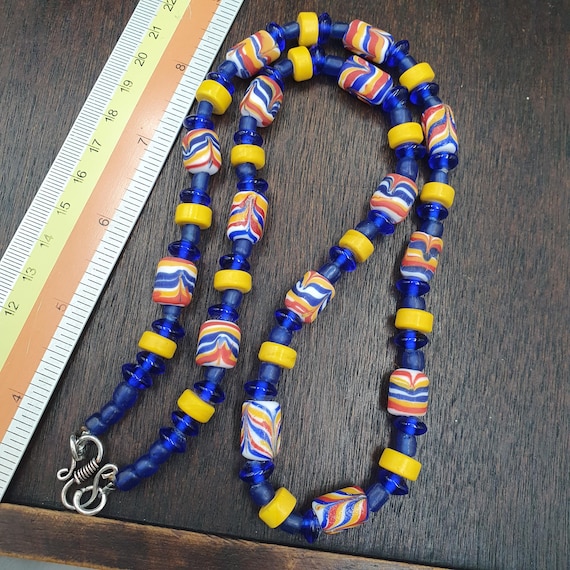 Venetian Style Candy Glass Bead Necklace, Vintage Cobalt Blue Yellow Swirl Art Glass Strand, Ethnic Boho Jewelry