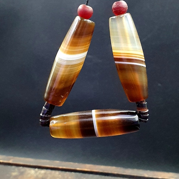 Lot 3 antique old yemeni agate natural rare pattern banded agate beads necklace